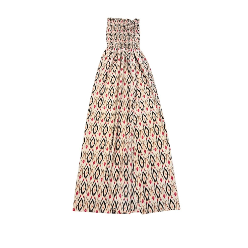 Cream Printed Strapless Accordion Top Long Bottom Slit Maxi Dress S